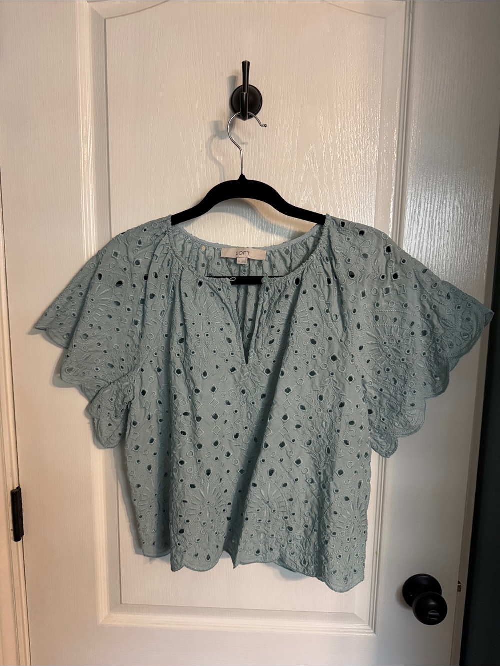 LOFT Eyelet Flutter-Sleeve Blouse in Pale Blue